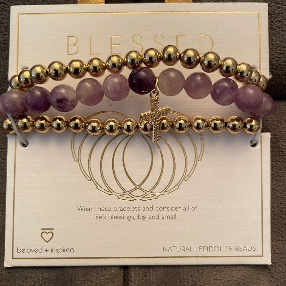 Beloved + Inspired Gold Granite With Cross Trio Stretch Bead Bracelet Set